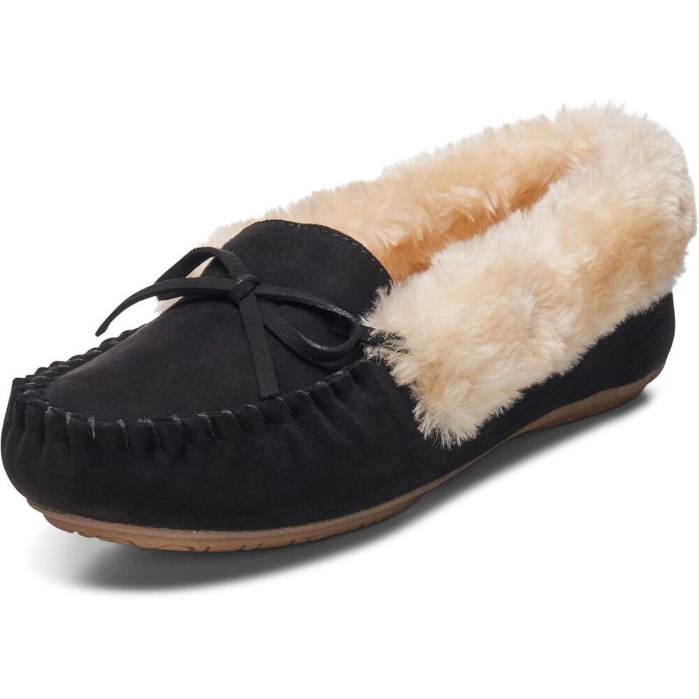 Women’s Faux Fur Lined Slip On Cozy Warm Stylish Durable Black Bow Slippers Boot